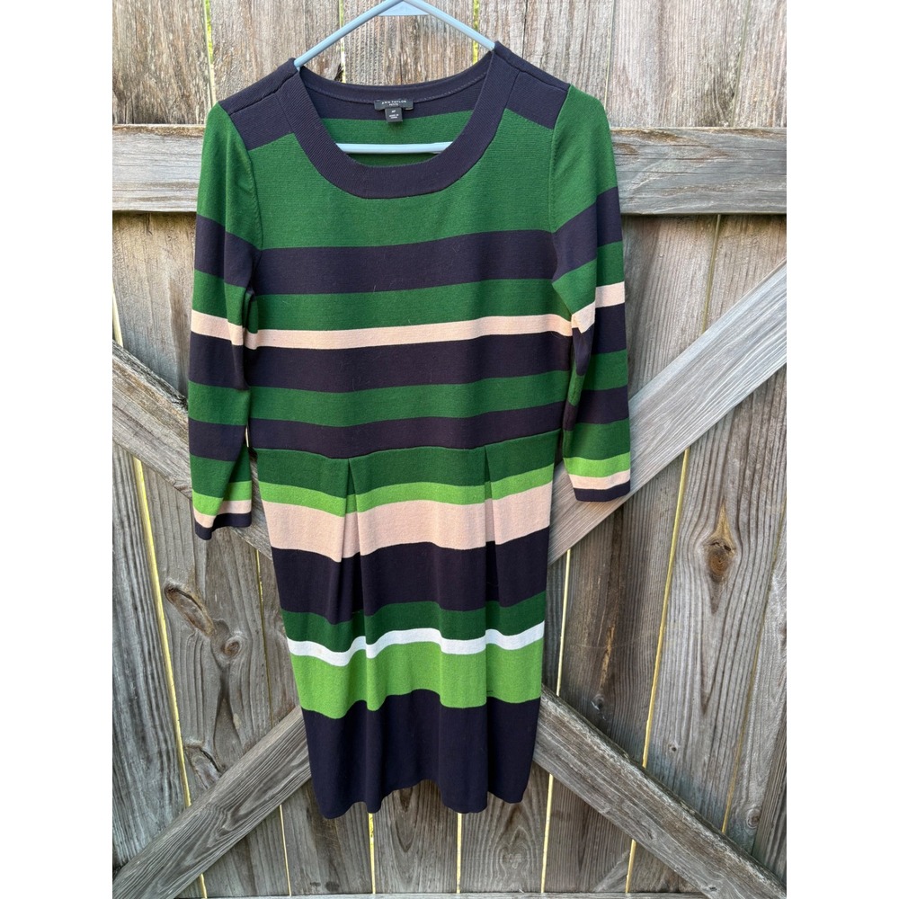 Ann Taylor Petite Green Navy Striped Knit Sheath Dress MP 3/4 Sleeve Round Neck